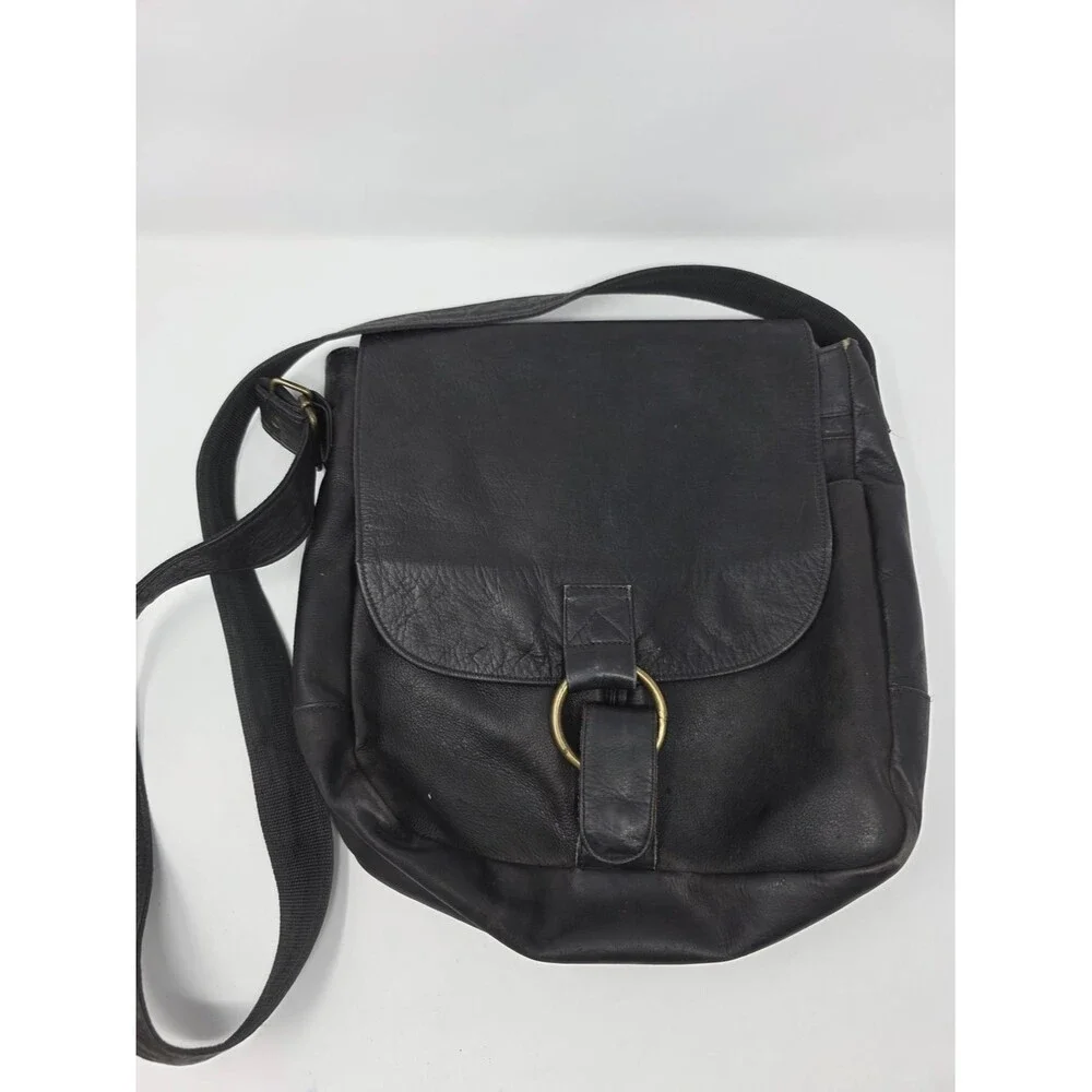Black Genuine Leather Messenger Bag Crossbody Hair-On-Hide Interior Flap